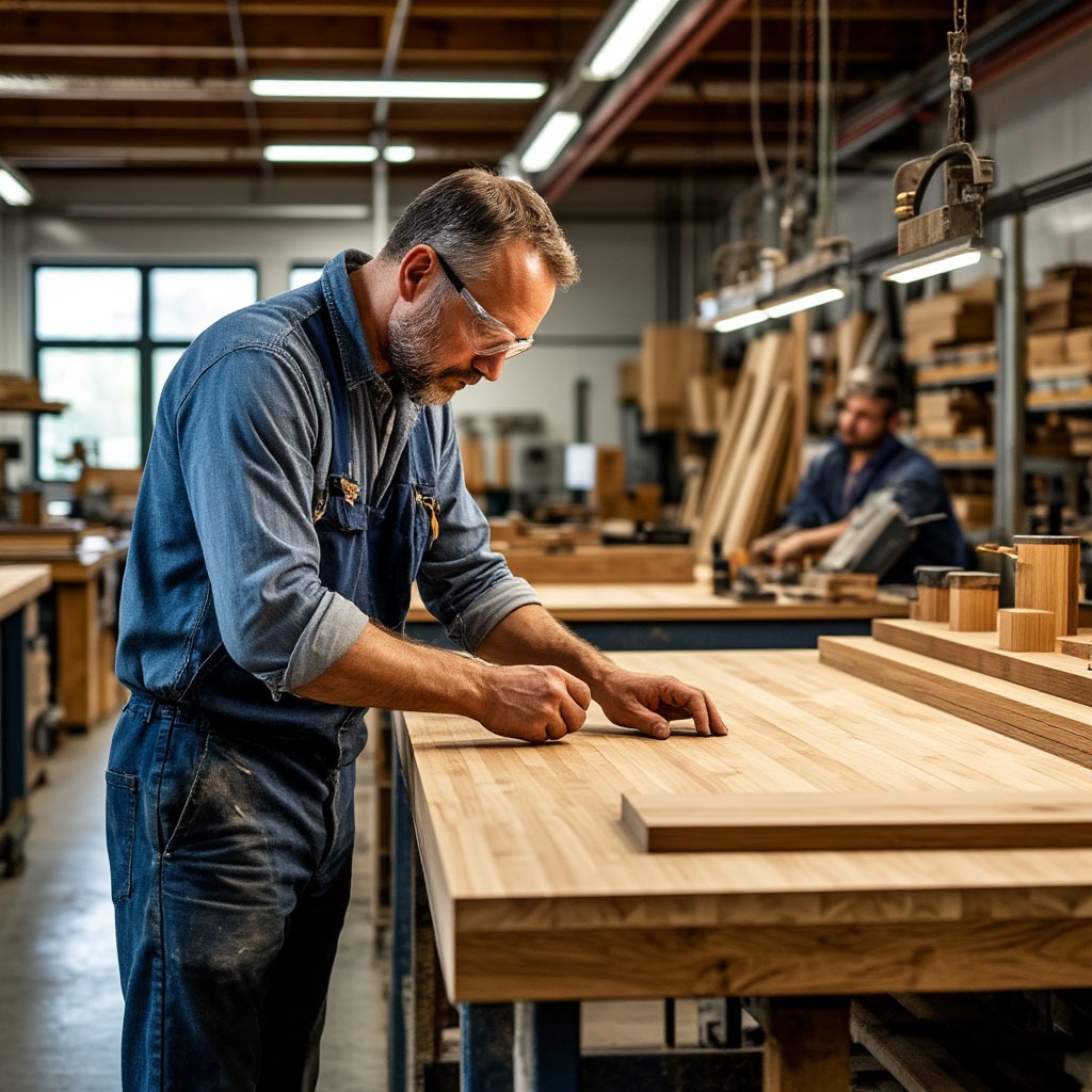 Atelier de fabrication Shirleydresses avec artisans travaillant le bois de chêne