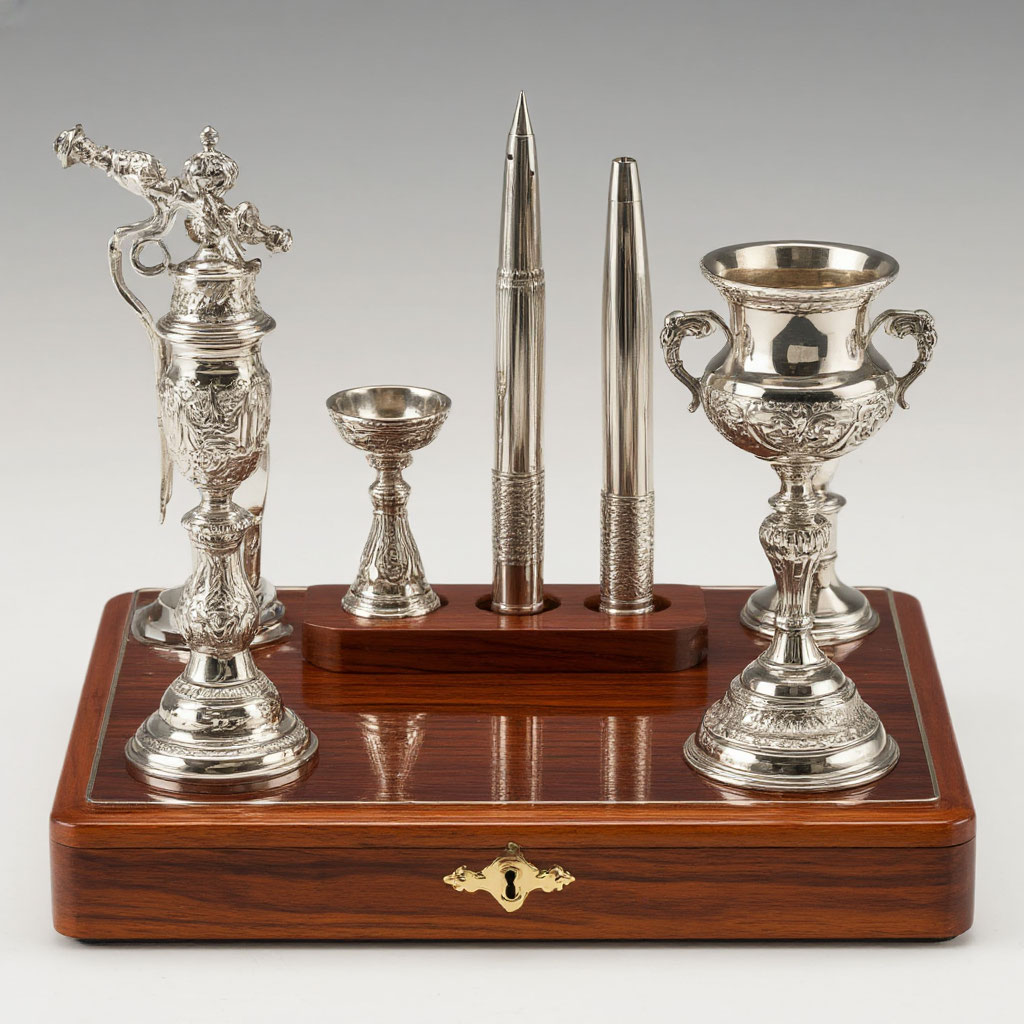 Accessoires de bureau en argent et bois précieux