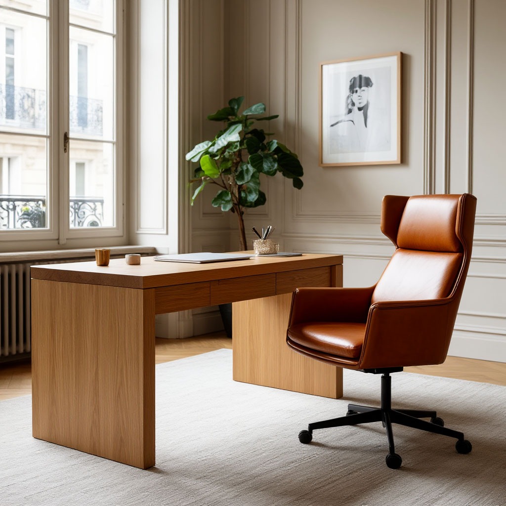 Bureau en chêne massif avec fauteuil ergonomique en cuir dans un bureau parisien moderne